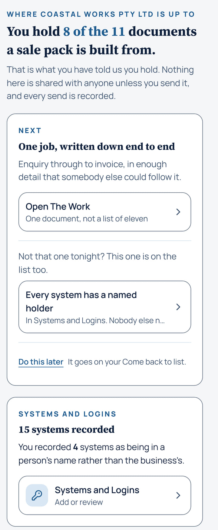 The owner's home screen on a phone. It counts the documents held out of eleven, names one document to do next, and reports how many systems are recorded in a person's name.