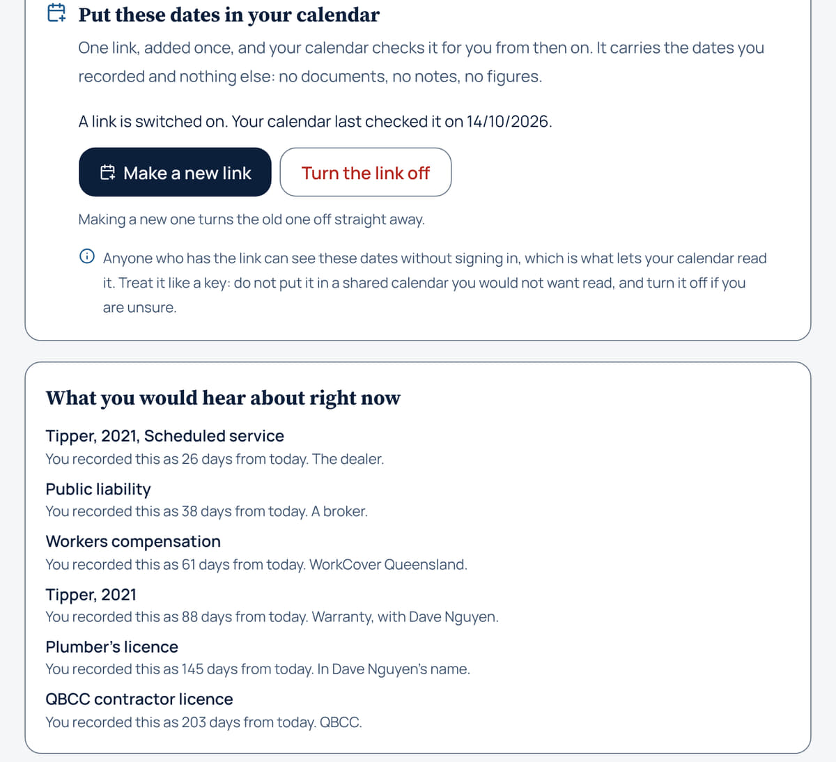 The reminders screen, showing the calendar subscription panel and a list of recorded dates with how many days away each one is.