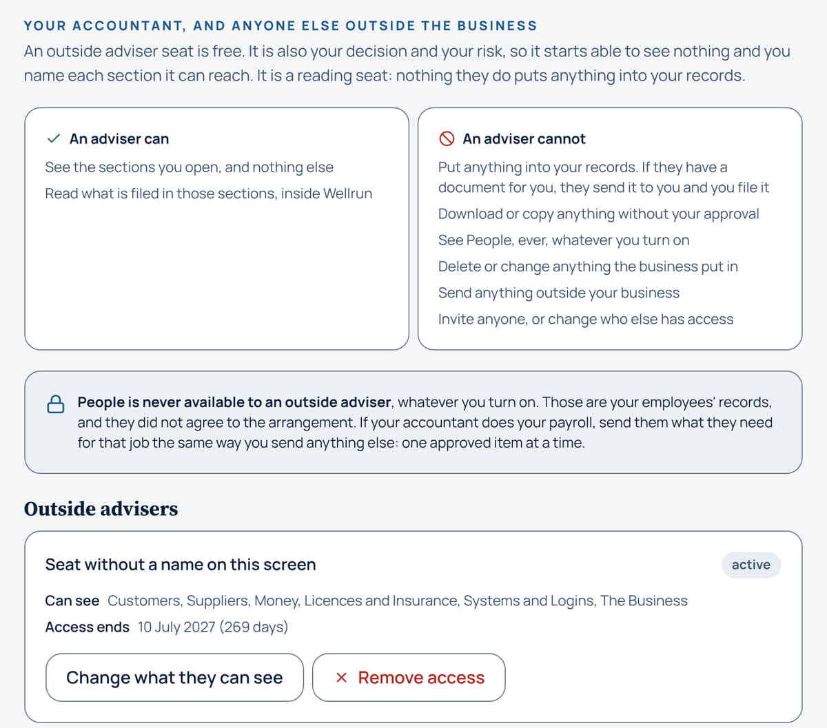 The Who can see your records screen. Two panels list what an adviser can and cannot do, a notice states that People is never available to an outside adviser, and one adviser row shows the sections it can open and when access ends.